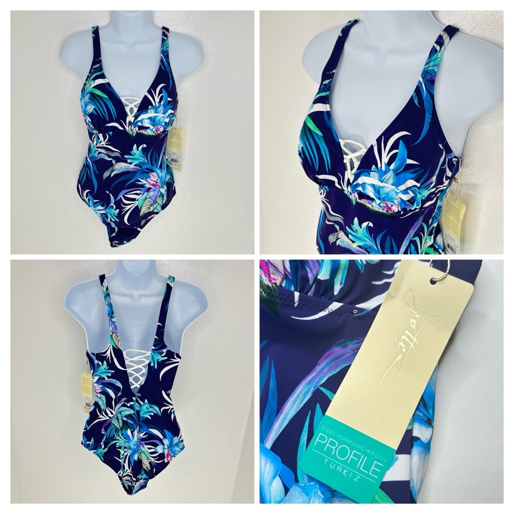 Gottex NWT‎ Profile Turkiz One Piece Swimsuit Blue Purple Floral Size 10 New
